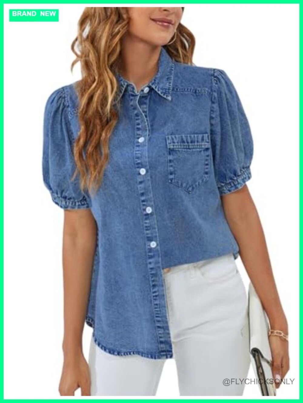 Denim Button Down Blouse Puff Short Sleeve Business Casual Work Top